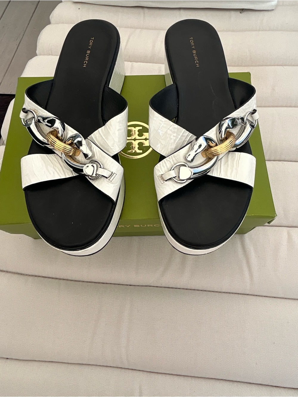 Tory Burch White Leather Slide Mules with Mixed Metal Chain